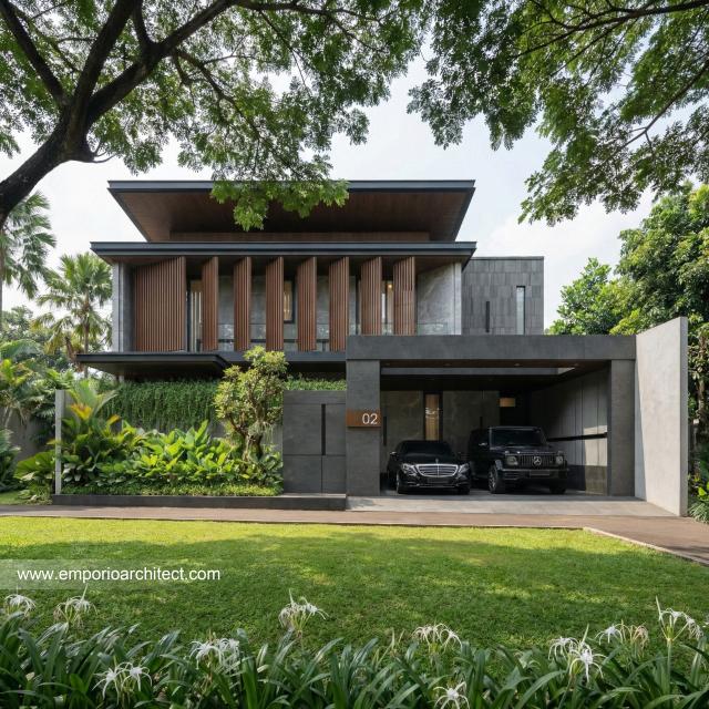 Desain Tampak Depan Rumah Modern 2 Lantai Ibu VV di Palembang