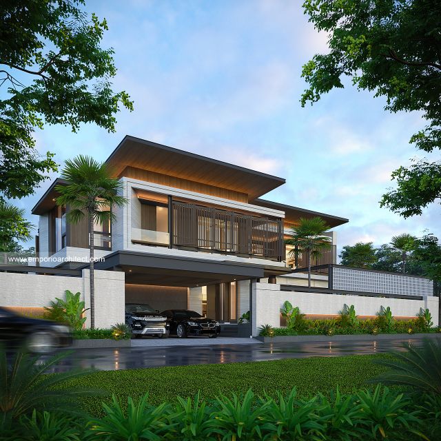 Desain Tampak Depan Dengan Pagar Rumah Modern 2 Lantai Ibu dr. LL di Pontianak