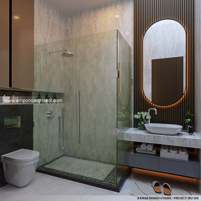Desain Kamar Mandi Utama Rumah Modern 2 Lantai Ibu ISN di Surakarta