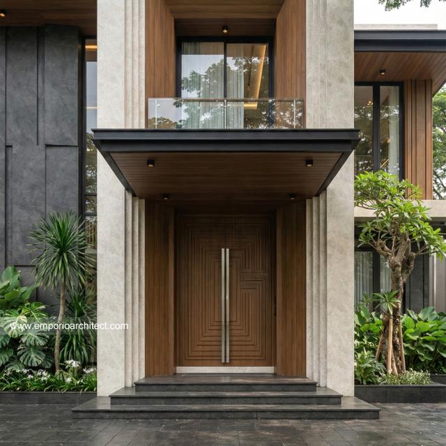 Desain Tampak Detail Depan Rumah Modern 2 Lantai Ibu ISN di Surakarta