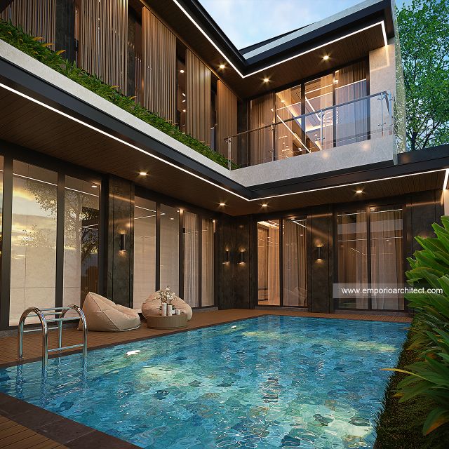 Desain Tampak Detail Kolam Rumah Modern 2 Lantai Ibu ISN di Surakarta