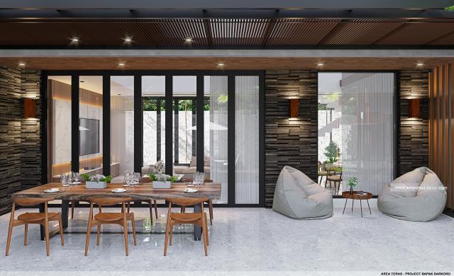 Desain Area Teras Villa Modern 2 Lantai Bapak SKR di Badung, Bali