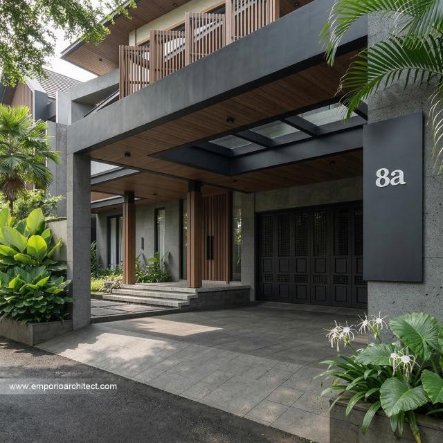 Desain Tampak Detail Depan Rumah Modern 2 Lantai Bapak MZA di Sulawesi Selatan