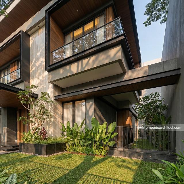 Desain Tampak Detail Depan 2 Rumah Modern 2 Lantai Ibu JNC di Jakarta Selatan