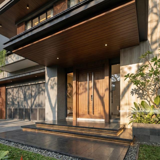 Desain Tampak Detail Depan 3 Rumah Modern 2 Lantai Ibu JNC di Jakarta Selatan