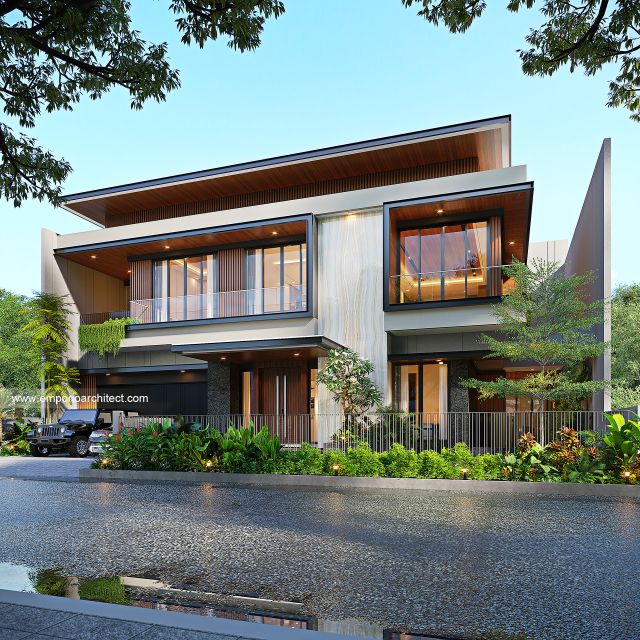 Desain Tampak Depan Dengan Pagar Rumah Modern 2 Lantai Ibu JNC di Jakarta Selatan