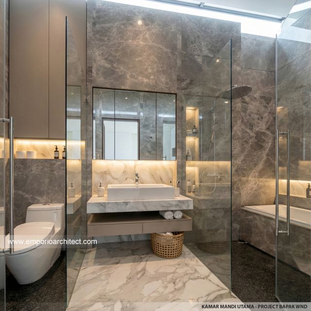 Desain Kamar Mandi Utama Rumah Modern 2 Lantai Bapak WND di Pekanbaru