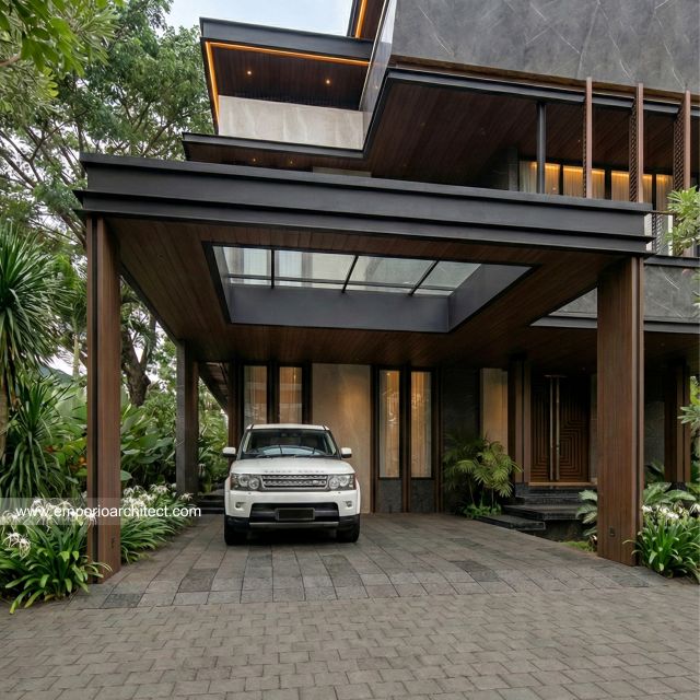 Desain Tampak Detail Carport Rumah Modern 2 Lantai Bapak WND di Pekanbaru