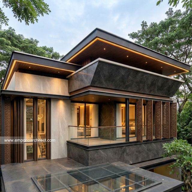 Desain Tampak Detail Depan Rumah Modern 2 Lantai Bapak WND di Pekanbaru
