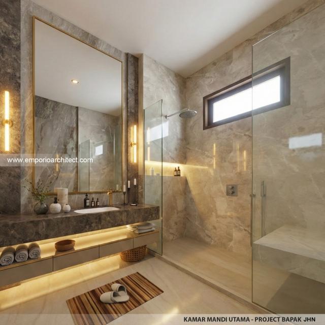 Desain Kamar Mandi Utama Rumah Modern 2 Lantai Bapak JHN di Surabaya