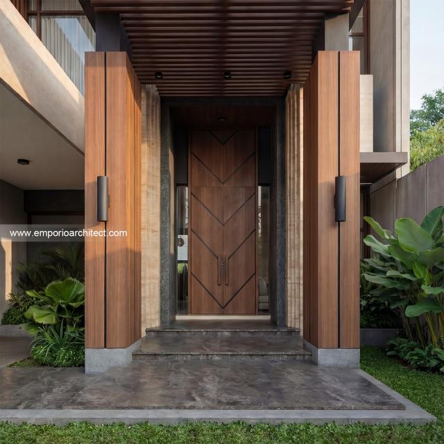 Desain Tampak Detail Depan 2 Rumah Modern 2 Lantai Bapak JHN di Surabaya