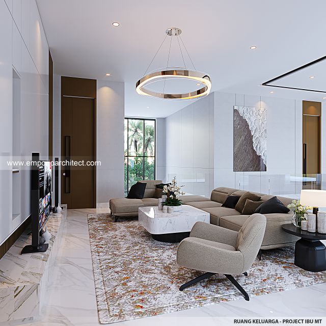 Desain Ruang Keluarga Rumah Modern 2 Lantai Ibu MT di Jambi