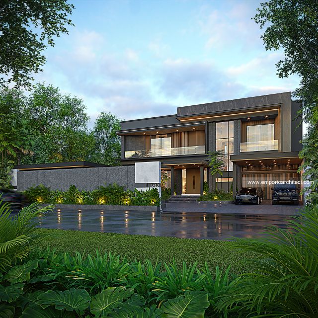 Desain Tampak Depan Dengan Pagar Rumah Modern 2 Lantai Ibu MT di Jambi