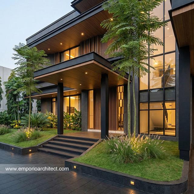 Desain Tampak Detail Depan 2 Rumah Modern 2 Lantai Ibu MT di Jambi