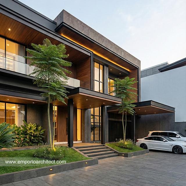 Desain Tampak Detail Depan Rumah Modern 2 Lantai Ibu MT di Jambi