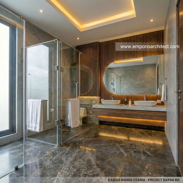 Desain Kamar Mandi Utama Rumah Modern 2 Lantai Bapak BD di BSD, Tangerang Selatan