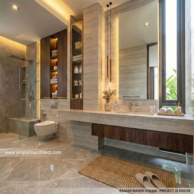 Desain Kamar Mandi Utama Bangunan Utama JS House Modern 2 Lantai di Denpasar, Bali