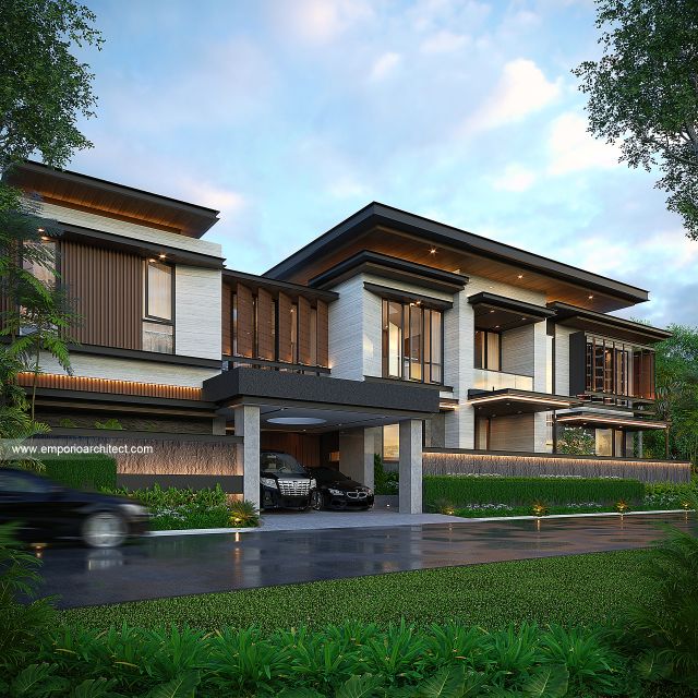 Desain Tampak Depan Dengan Pagar Bangunan Utama JS House Modern 2 Lantai di Denpasar, Bali