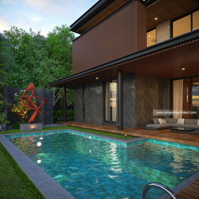 Desain Tampak Detail Belakang Bangunan Utama JS House Modern 2 Lantai di Denpasar, Bali