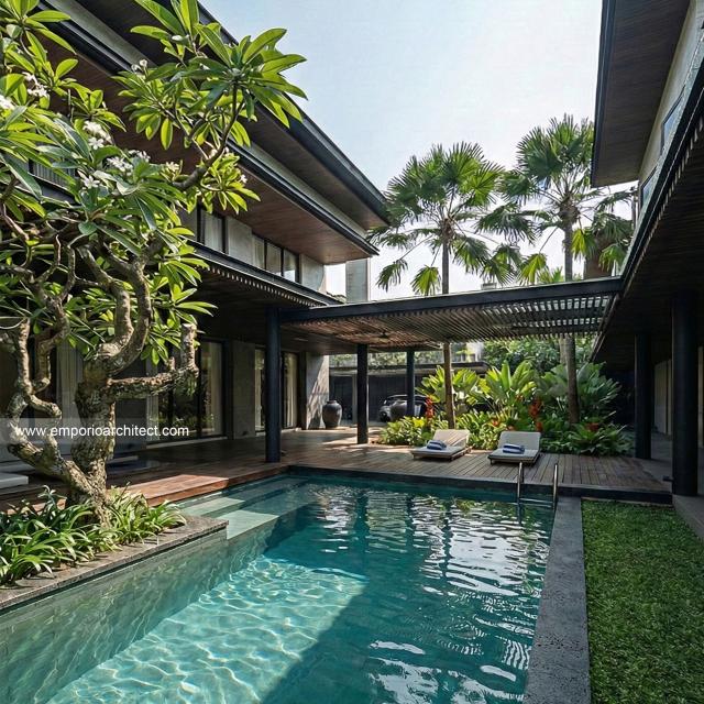 Desain Tampak Detail Belakang Bangunan Utama JS House Modern 2 Lantai di Denpasar, Bali