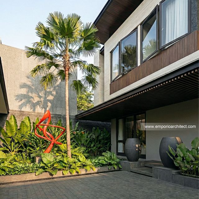 Desain Tampak Detail Depan Bangunan Belakang JS House Modern 2 Lantai di Denpasar, Bali