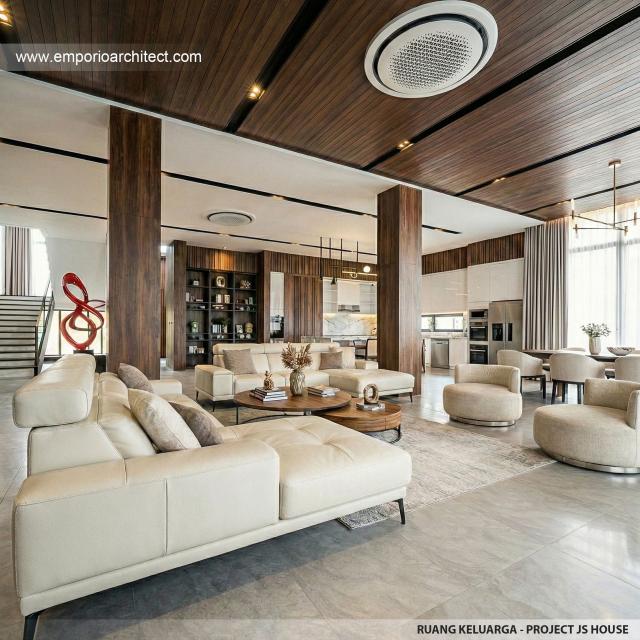 Desain Ruang Keluarga Bangunan Utama JS House Modern 2 Lantai di Denpasar, Bali