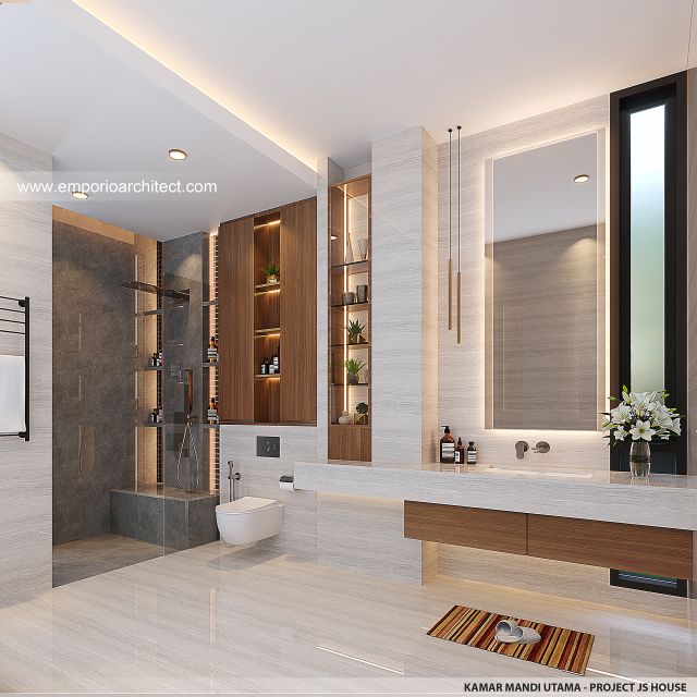 Desain Kamar Mandi Utama Bangunan Utama JS House Modern 2 Lantai di Denpasar, Bali