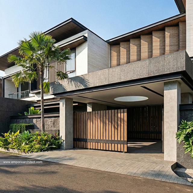 Desain Tampak Detail Depan Bangunan Utama JS House Modern 2 Lantai di Denpasar, Bali