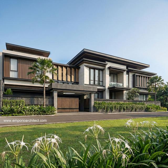 Desain Tampak Depan Bangunan Utama JS House Modern 2 Lantai di Denpasar, Bali