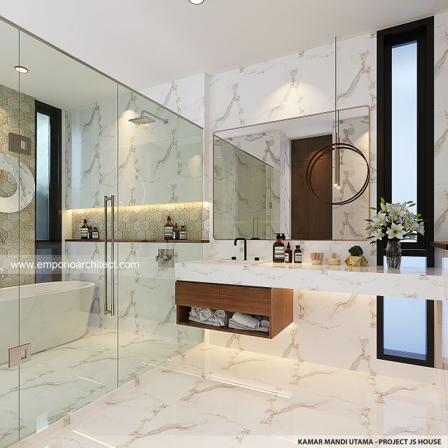 Desain Kamar Mandi Utama Bangunan Belakang JS House Modern 2 Lantai di Denpasar, Bali