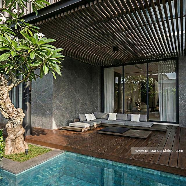 Desain Tampak Detail Belakang 3 Bangunan Utama JS House Modern 2 Lantai di Denpasar, Bali