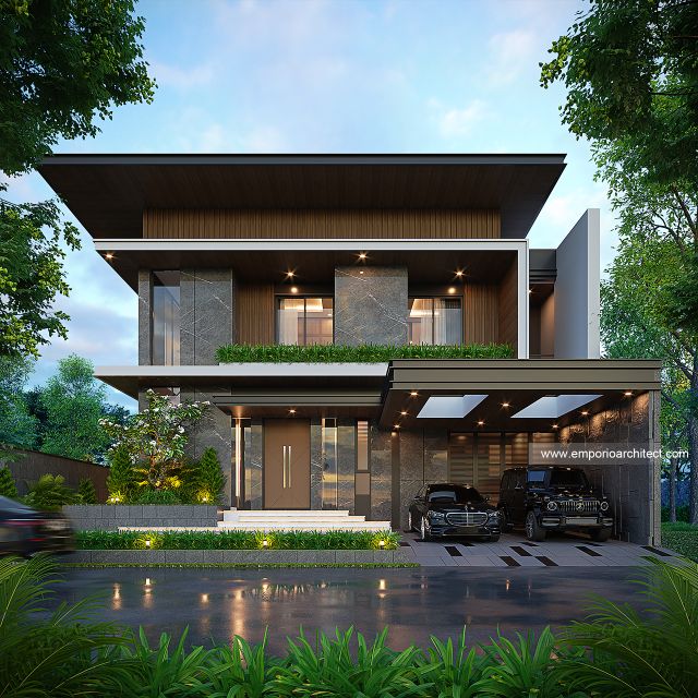 Desain Tampak Depan 2 Rumah Modern 2 Lantai Bapak AT di Tangerang
