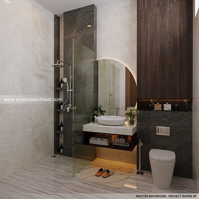 Desain Kamar Mandi Utama Rumah Modern 2 Lantai Bapak AT di Tangerang