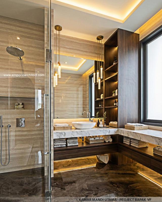 Desain Kamar Mandi Utama Rumah Modern 2 Lantai Bapak VF di Surabaya