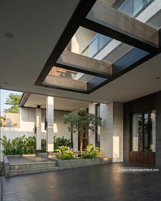 Desain Tampak Detail Depan Rumah Modern 2 Lantai Bapak VF di Surabaya