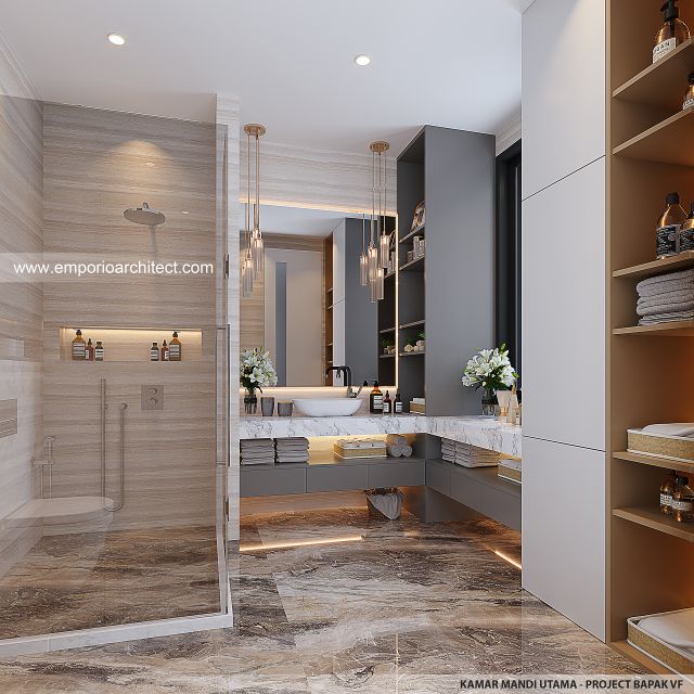 Desain Kamar Mandi Utama Rumah Modern 2 Lantai Bapak VF di Surabaya