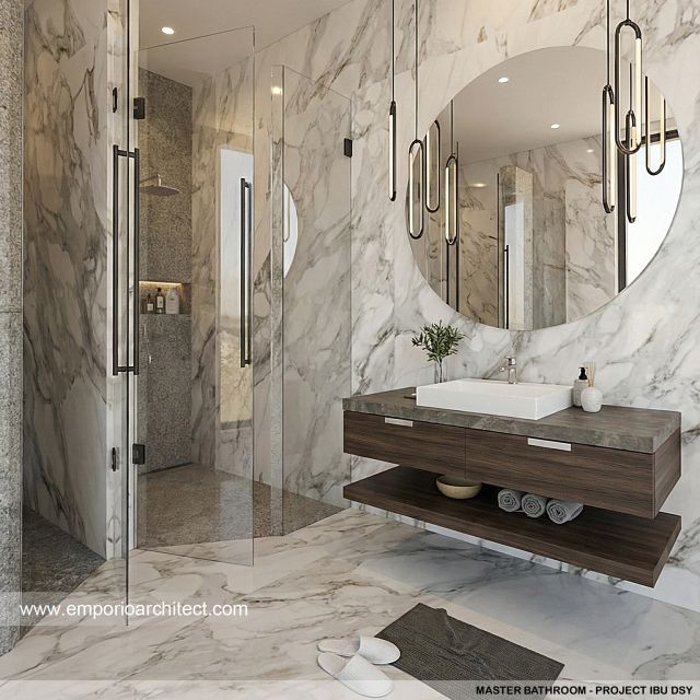 Desain Kamar Mandi Utama Rumah Modern 2 Lantai Ibu DSY di Cilandak, Jakarta Selatan