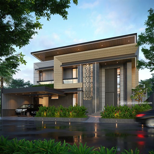Desain Tampak Depan Rumah Modern 2 Lantai Ibu NV di Cibubur, Jakarta Timur