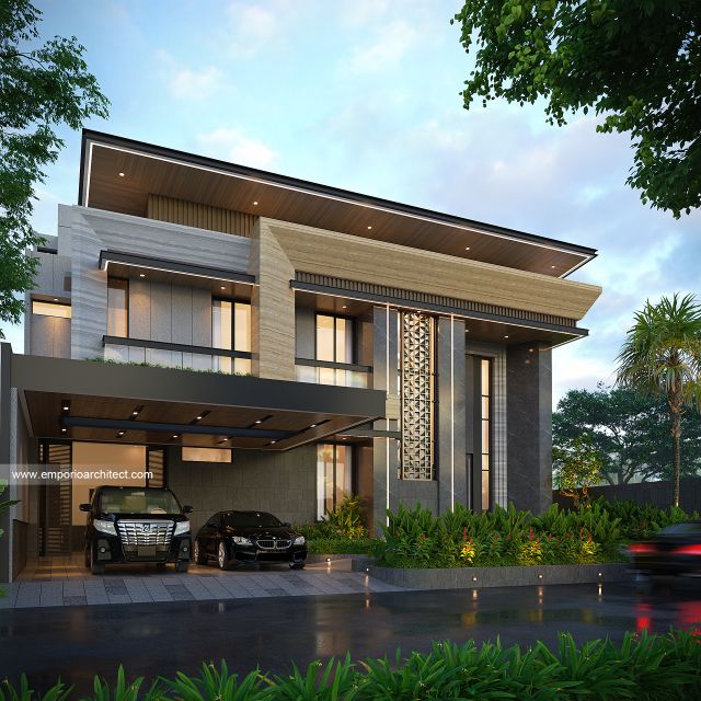 Desain Tampak Depan 2 Rumah Modern 2 Lantai Ibu NV di Cibubur, Jakarta Timur
