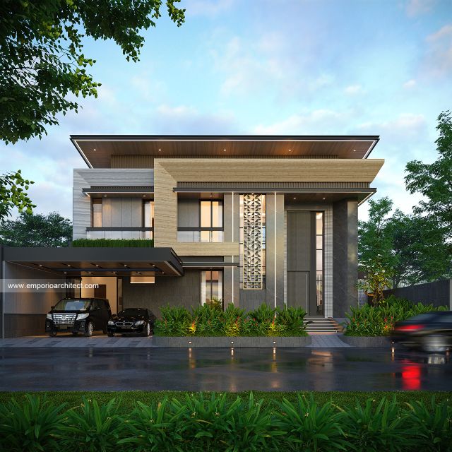 Desain Tampak Depan 3 Rumah Modern 2 Lantai Ibu NV di Cibubur, Jakarta Timur
