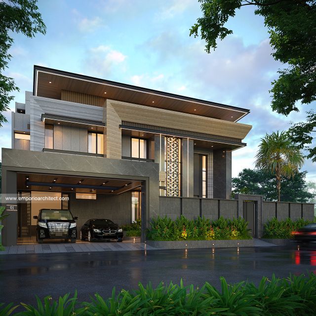 Desain Tampak Depan Dengan Pagar Rumah Modern 2 Lantai Ibu NV di Cibubur, Jakarta Timur