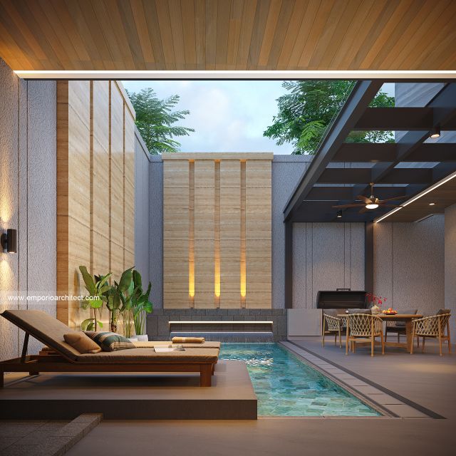 Desain Tampak Detail Belakang Rumah Modern 2 Lantai Ibu NV di Cibubur, Jakarta Timur