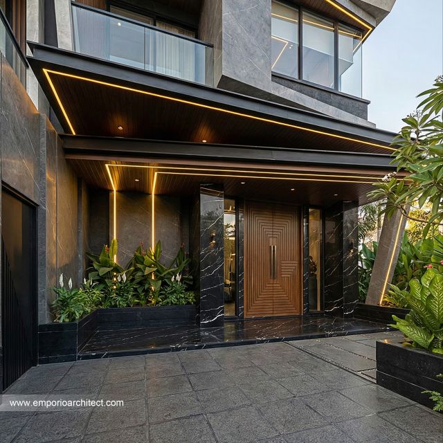 Desain Tampak Detail Depan Rumah Modern 2 Lantai Bapak RZ II di Tegal, Jawa Tengah