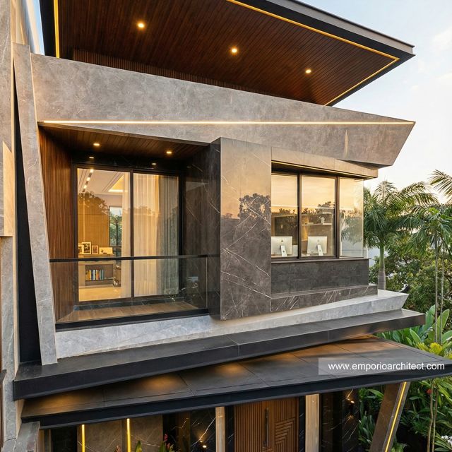 Desain Tampak Detail Depan 3 Rumah Modern 2 Lantai Bapak RZ II di Tegal, Jawa Tengah