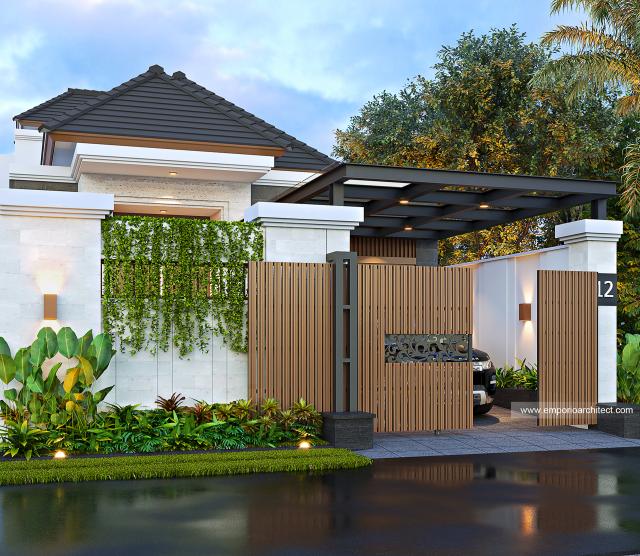 Desain Tampak Depan Dengan Pagar Rumah Modern 2 Lantai Ibu Septa di Banyuwangi, Jawa Timur