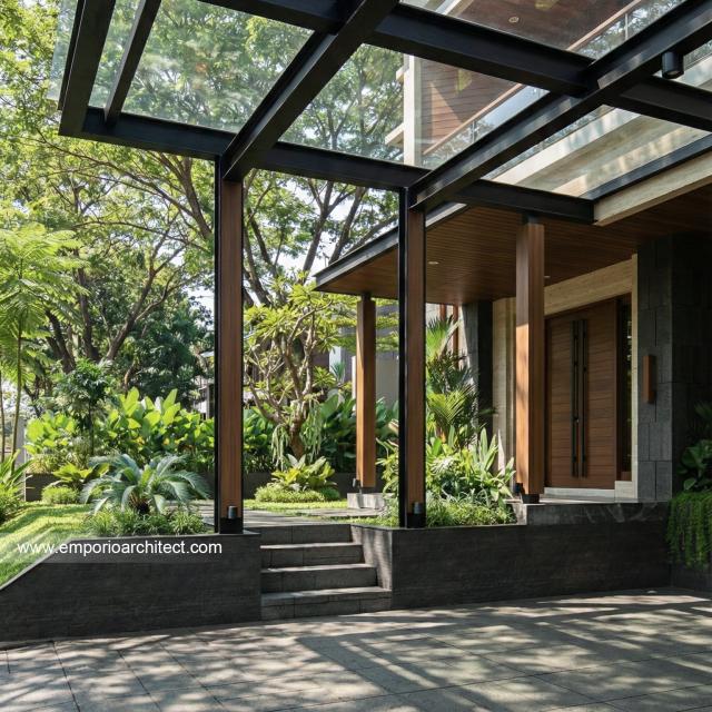 Desain Tampak Detail Depan Rumah Modern 2 Lantai Ibu IR di Denpasar, Bali