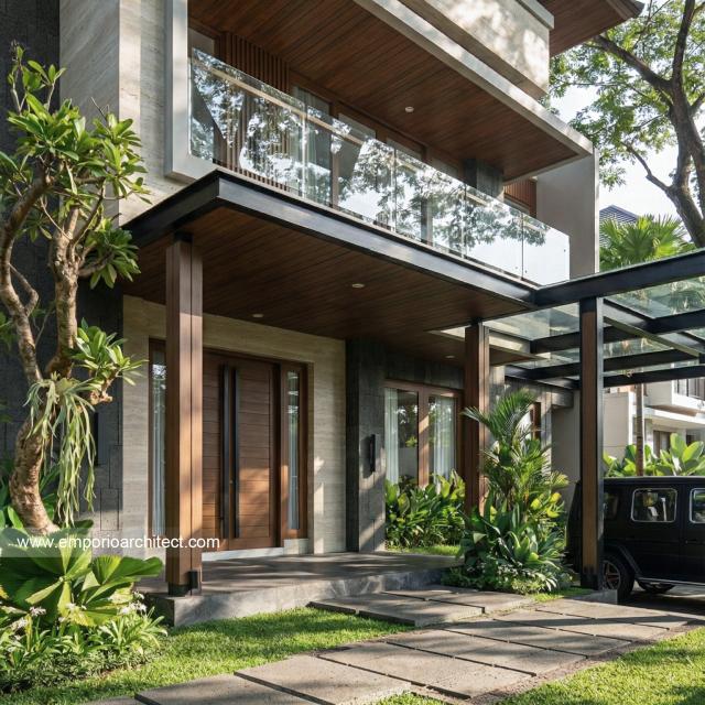 Desain Tampak Detail Depan 2 Rumah Modern 2 Lantai Ibu IR di Denpasar, Bali