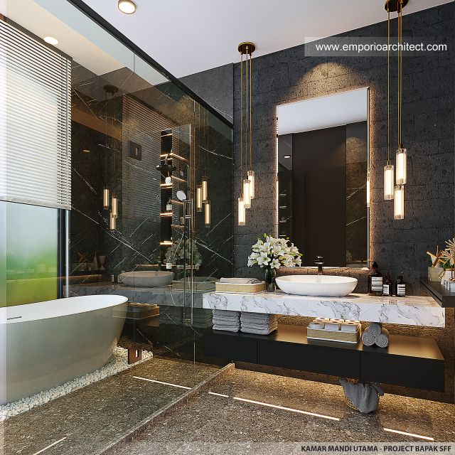 Desain Kamar Mandi Utama Villa Modern 2 Lantai Bapak SFF di Bogor