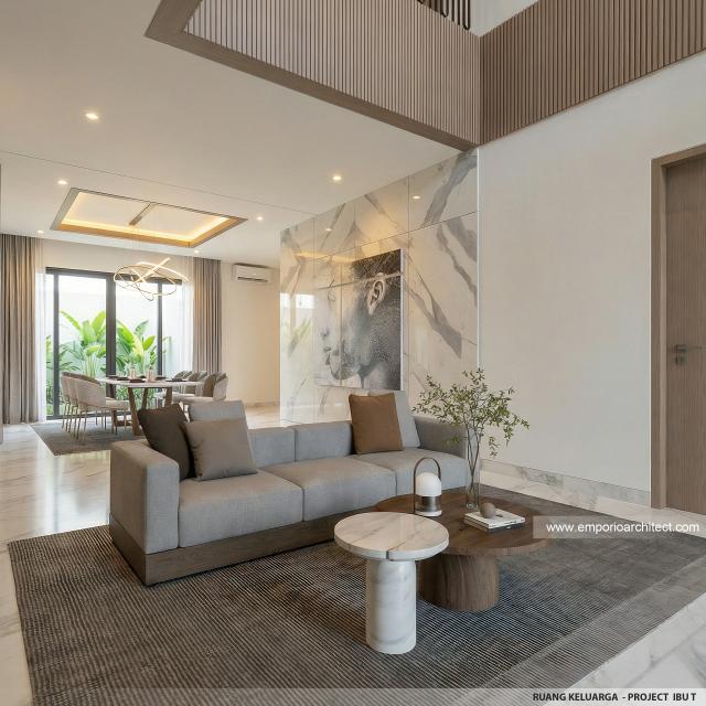 Desain Ruang Keluarga Rumah Modern 2 Lantai Ibu T di BSD, Tangerang Selatan