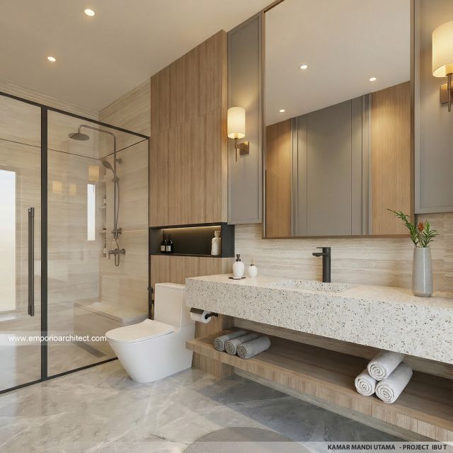 Desain Kamar Mandi Utama Rumah Modern 2 Lantai Ibu T di BSD, Tangerang Selatan